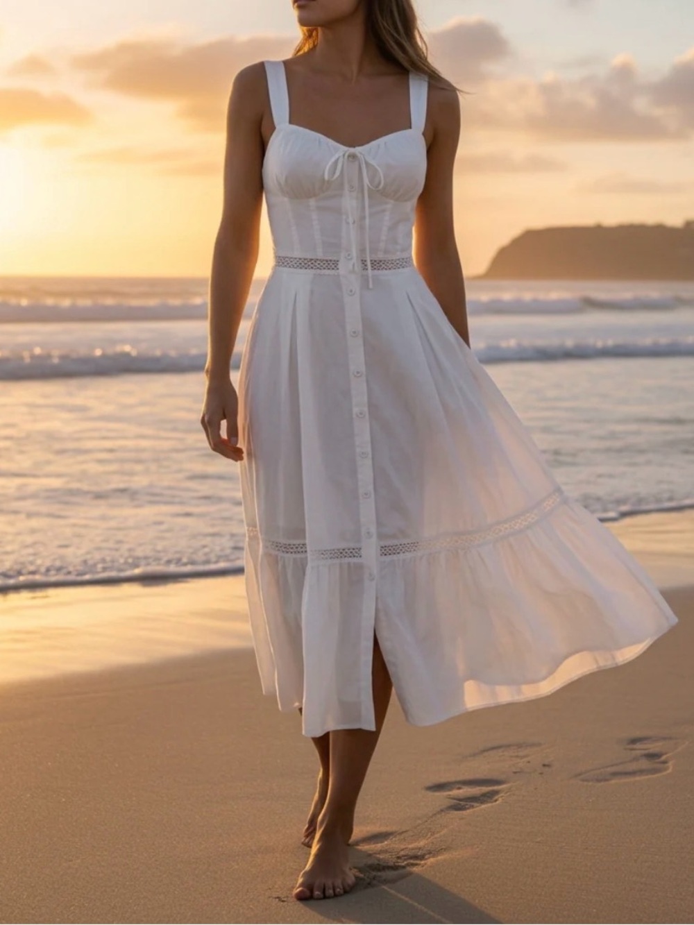 White Midi Summer Dress with Button Front and Lace Trim